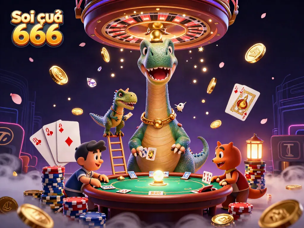 Soi cầu 666 highlights a lively casino scene featuring a brontosaurus and a clever raptor dealing cards.