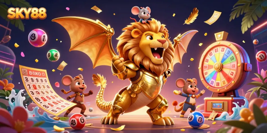 Experience the excitement of SKY88 with dynamic lottery balls and a triumphant golden chimera creature.