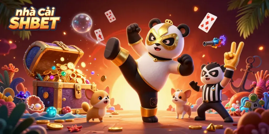 Engage with Nhà cái SHBET at an exciting online casino event with a panda wrestler, colorful gems, and cheering animal spectators.