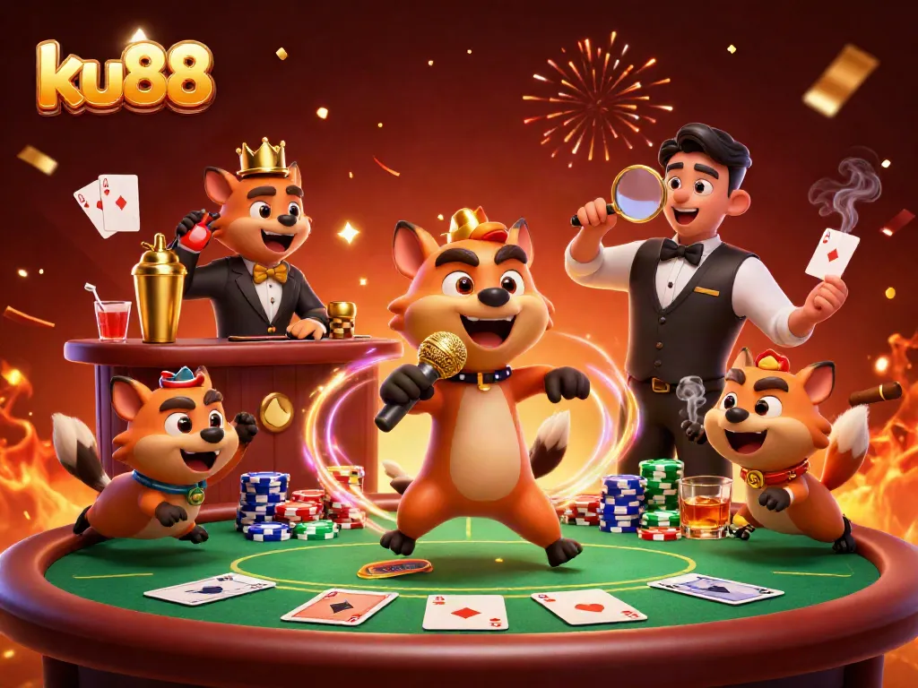 ku88 showcases hyenas in a humorous casino scene with poker elements and vibrant atmosphere.