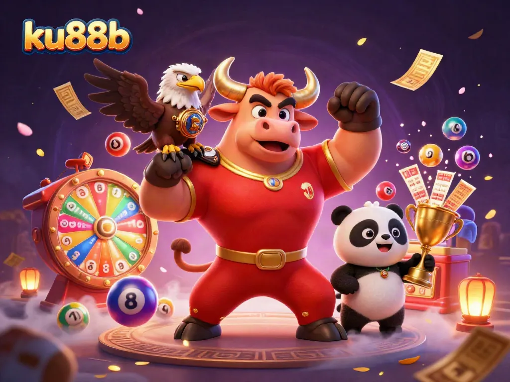 ku88b showcases a vibrant casino illustration featuring dynamic lottery elements and engaging characters.