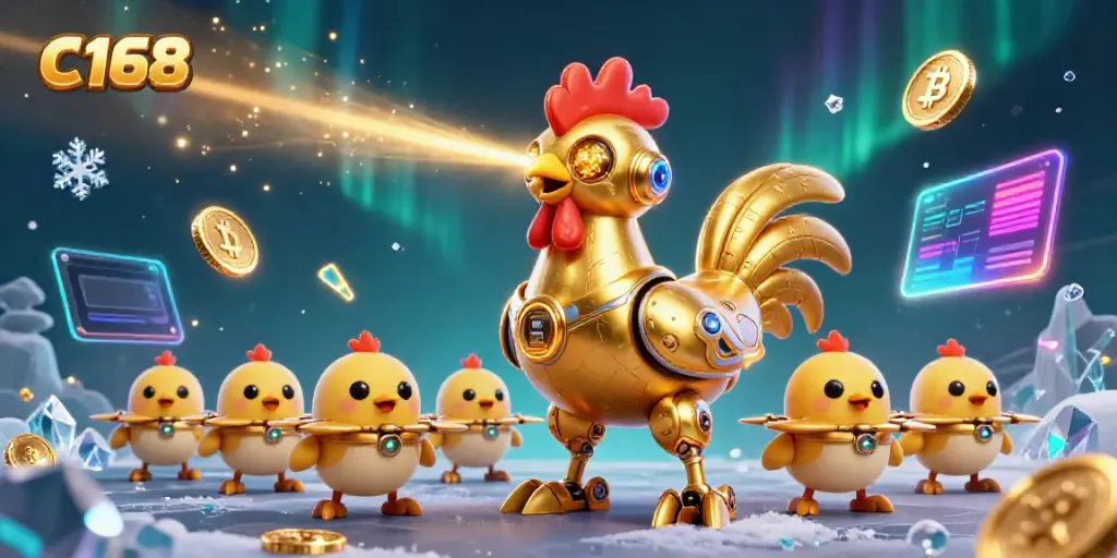 Engage in thrilling action with C168, featuring a golden rooster robot and crypto elements.