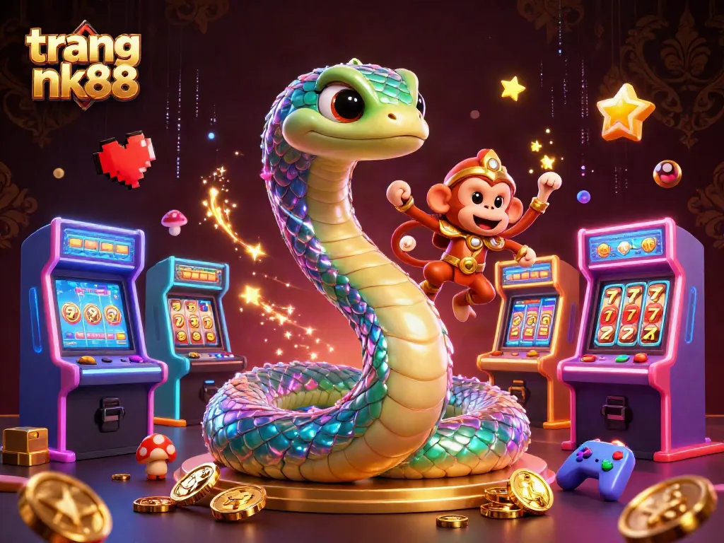 Play interactive games on trang nk88 with a vibrant 3D casino illustration featuring lucky elements and magical energy.