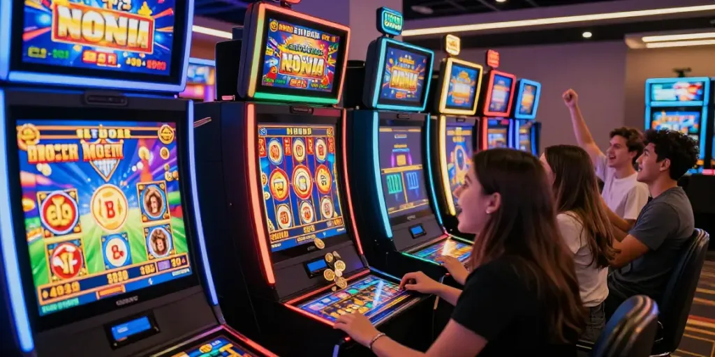 Players enjoying slot gacor gampang menang at an exciting online casino with vibrant themes and celebratory atmosphere.