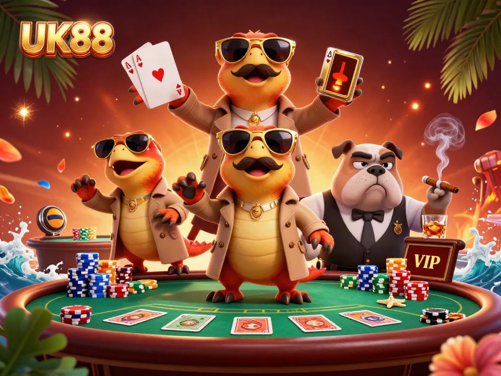 Experience UK88’s thrilling casino scene with three raptors in a trench coat attempting VIP entry.