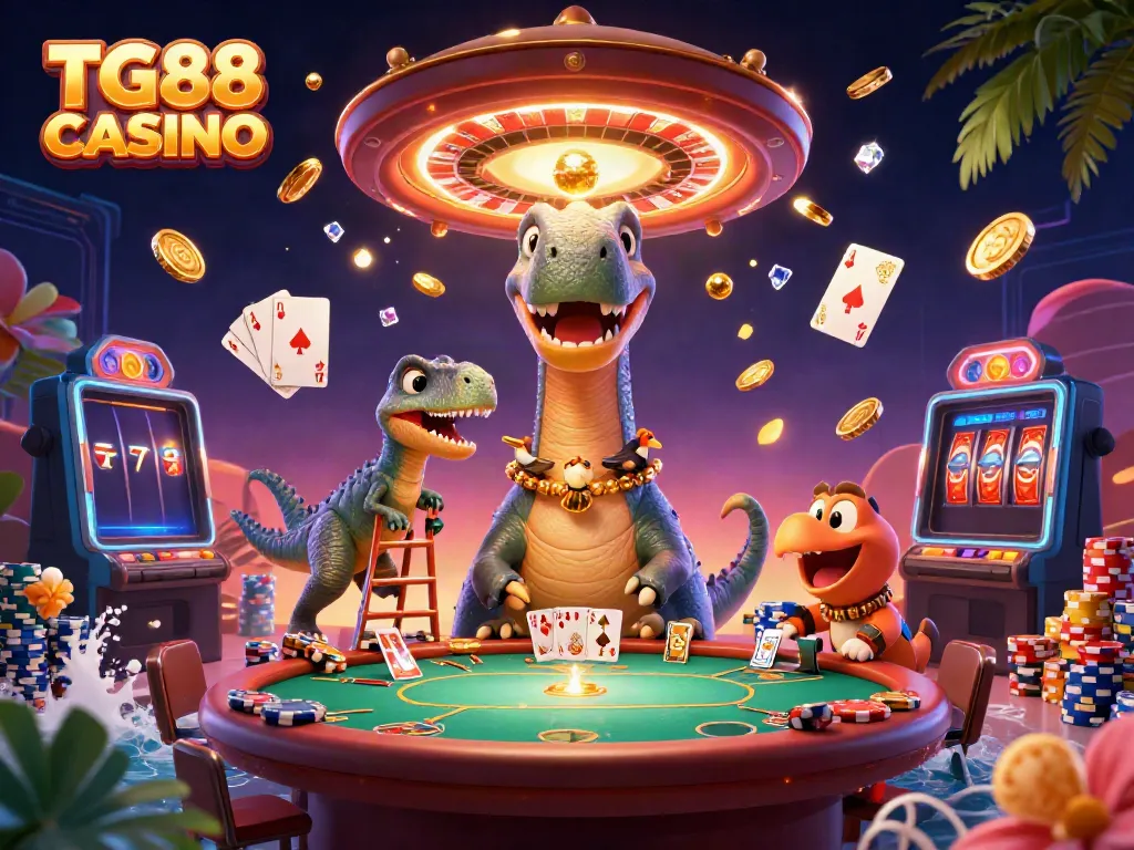 Experience thrilling moments at TG88 CASINO with a whimsical 3D scene filled with dynamic characters and captivating elements.