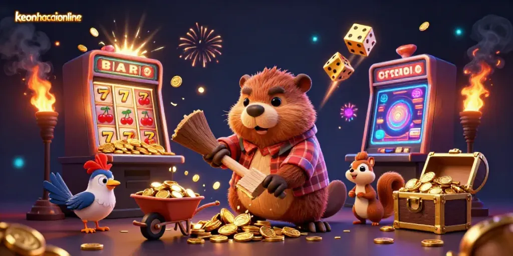 Engaging keonhacaionline visual depicting a vibrant cartoon scene of gaming excitement and rewards.