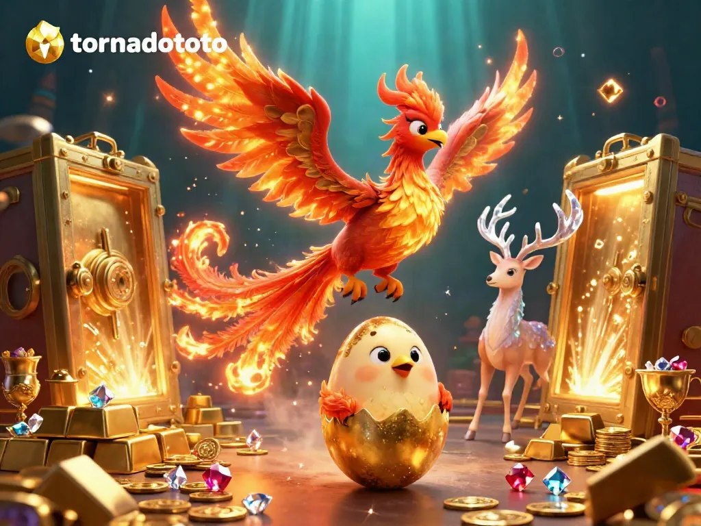 Engage in thrilling gameplay at tornadototo with a stunning phoenix and mystical stag illustration surrounded by treasures.
