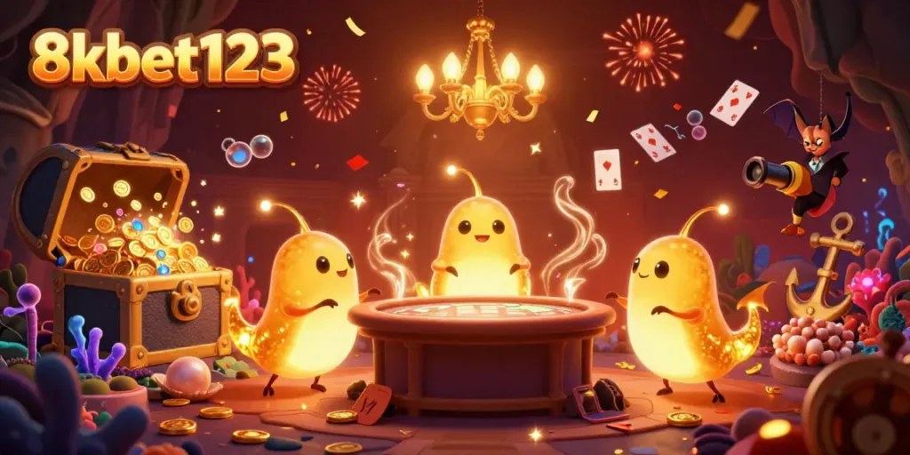 Experience the vibrant gaming world of 8xbet123 with bioluminescent creatures lighting up a casino scene.