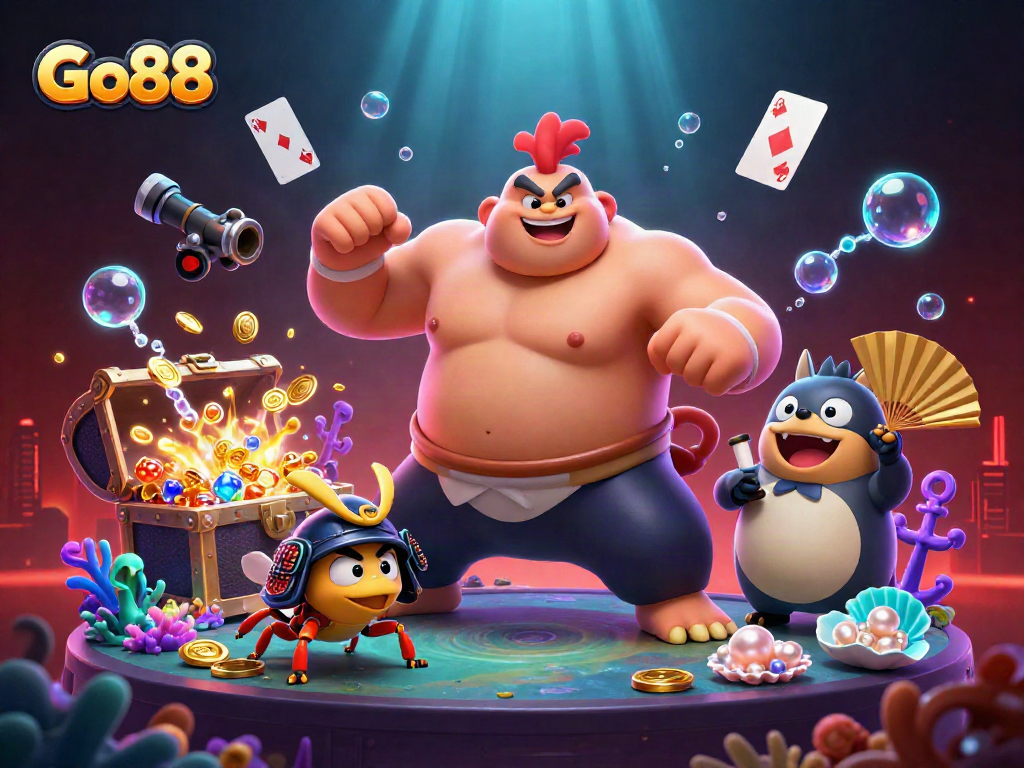 Experience the excitement of Go88 with a dynamic 3D casino scene featuring unique characters.