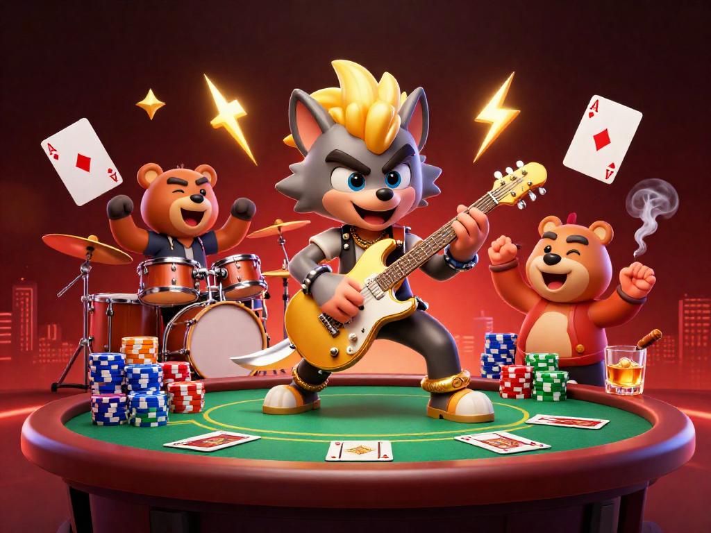 Experience the thrill of vicclub as a rock star wolf rocks the casino stage amidst poker action.