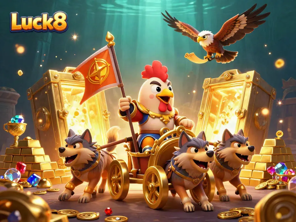 Experience the thrill of Luck8 with a dynamic 3D casino-inspired illustration featuring a rooster warlord.