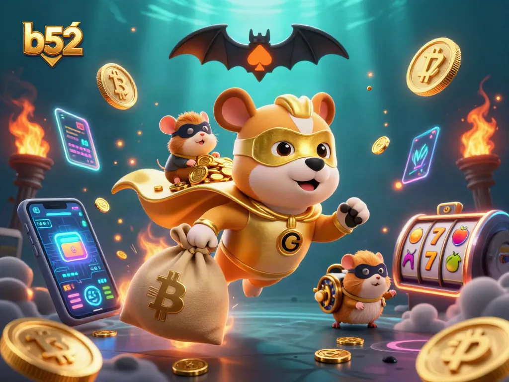 B52 gambling superhero dog flying with gold coins, surrounded by slot symbols and crypto elements for online casino.