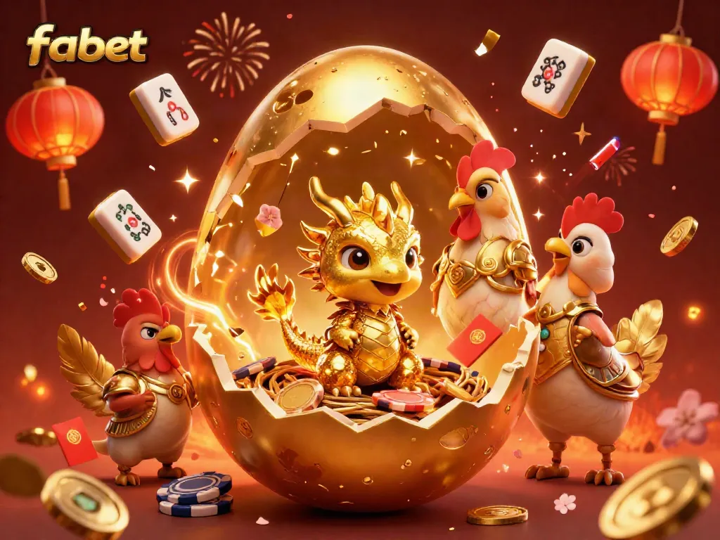 Experience thrilling gameplay at fabet with a dynamic illustration of a golden dragon amidst festive gaming elements.