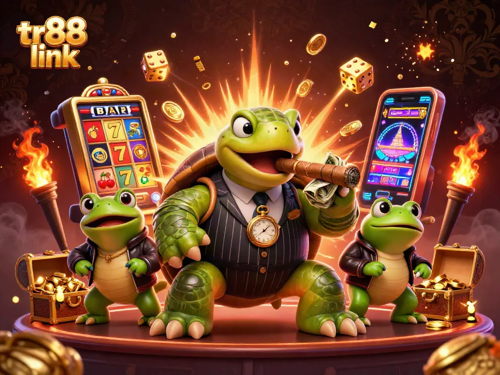 Engage with tr88 link as a vibrant 3D casino scene comes alive with action-packed symbols and characters.