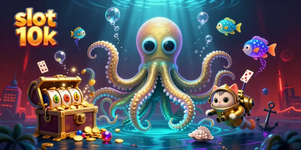 Engage with slot 10k as the kraken unveils vibrant treasures amidst a playful underwater scene.