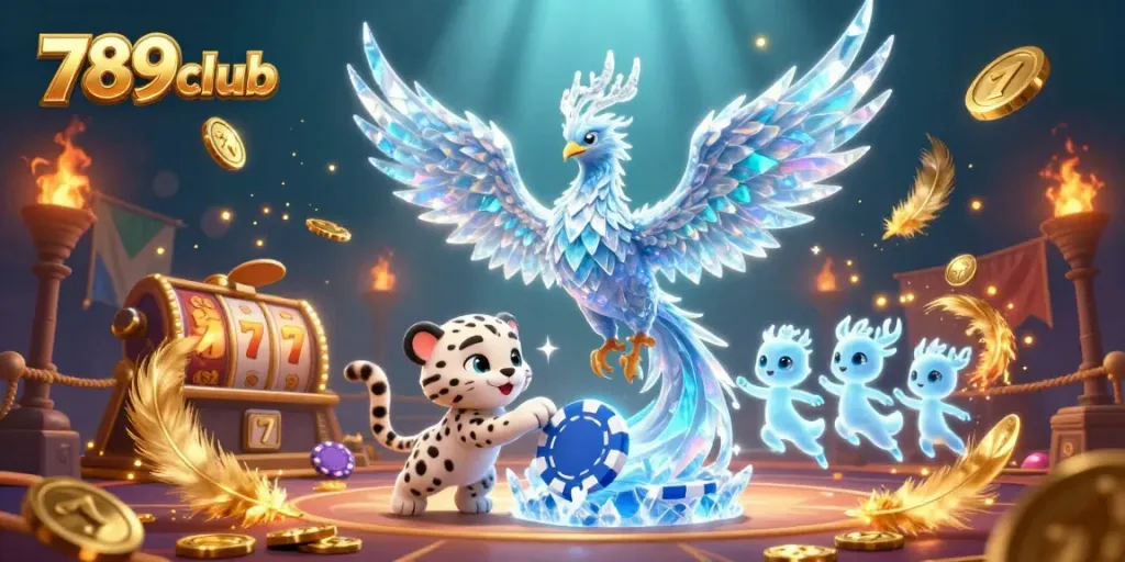 Immerse in the gaming experience with 789club's vibrant ice phoenix and playful snow leopard engaged in thrilling gameplay.