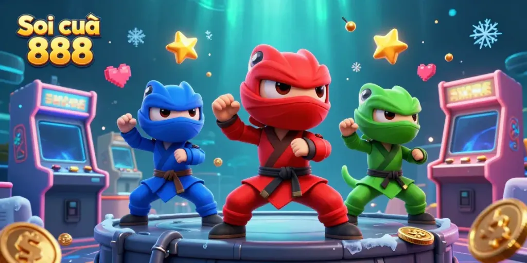 Soi cầu 888 showcases ninja chameleons in a vibrant casino-themed illustration, embodying excitement and action.