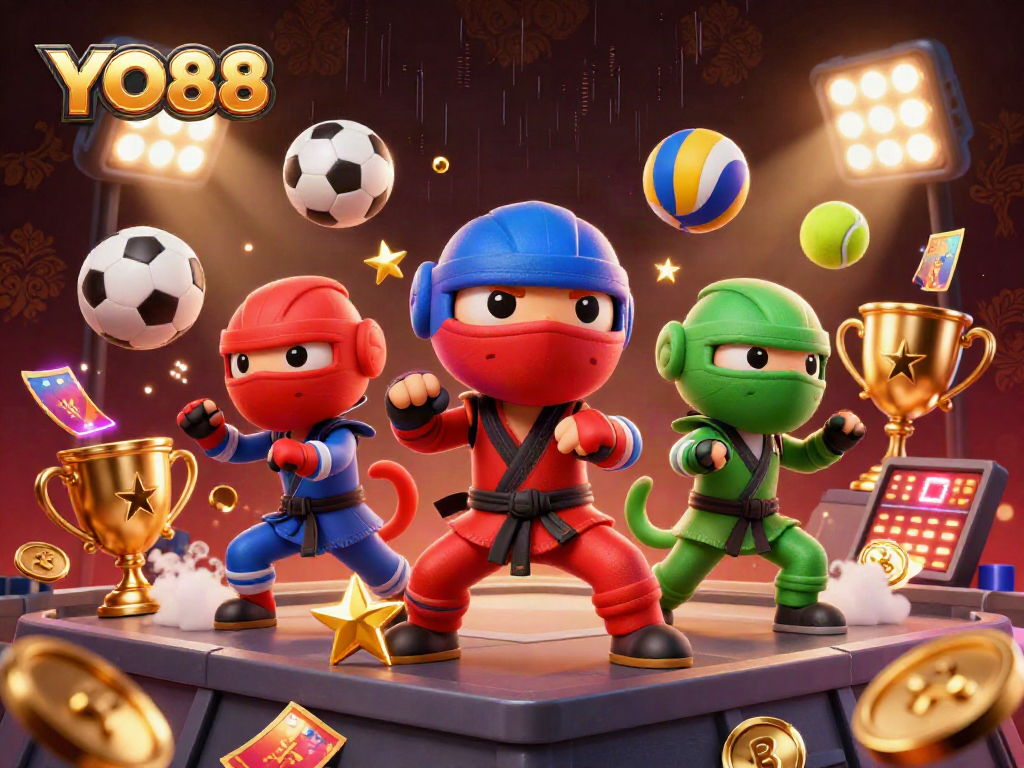 Engage in thrilling gaming with YO88 where three chameleon ninjas showcase their martial arts skills amidst dynamic sports elements.