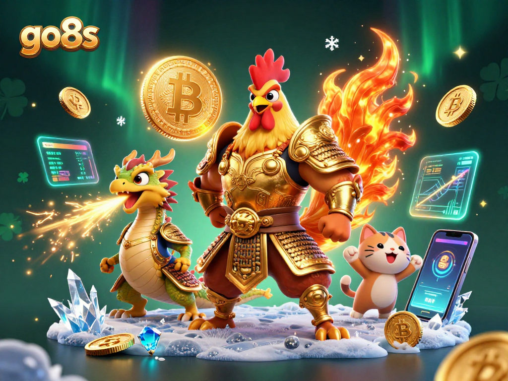 Experience excitement at go8s with a dynamic 3D illustration featuring a rooster samurai and dragon hatchling in a vibrant casino scene.