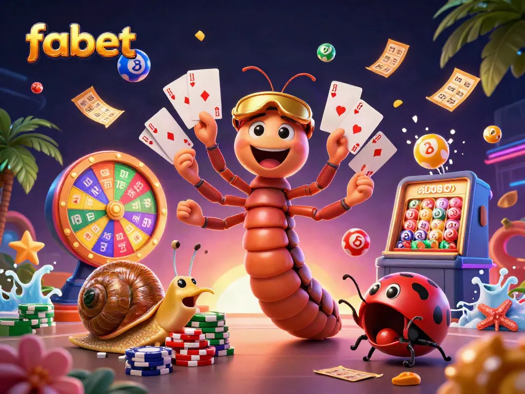 Engage with the vibrant world of fabet featuring a lively 3D cartoon scene with animated characters and casino elements.