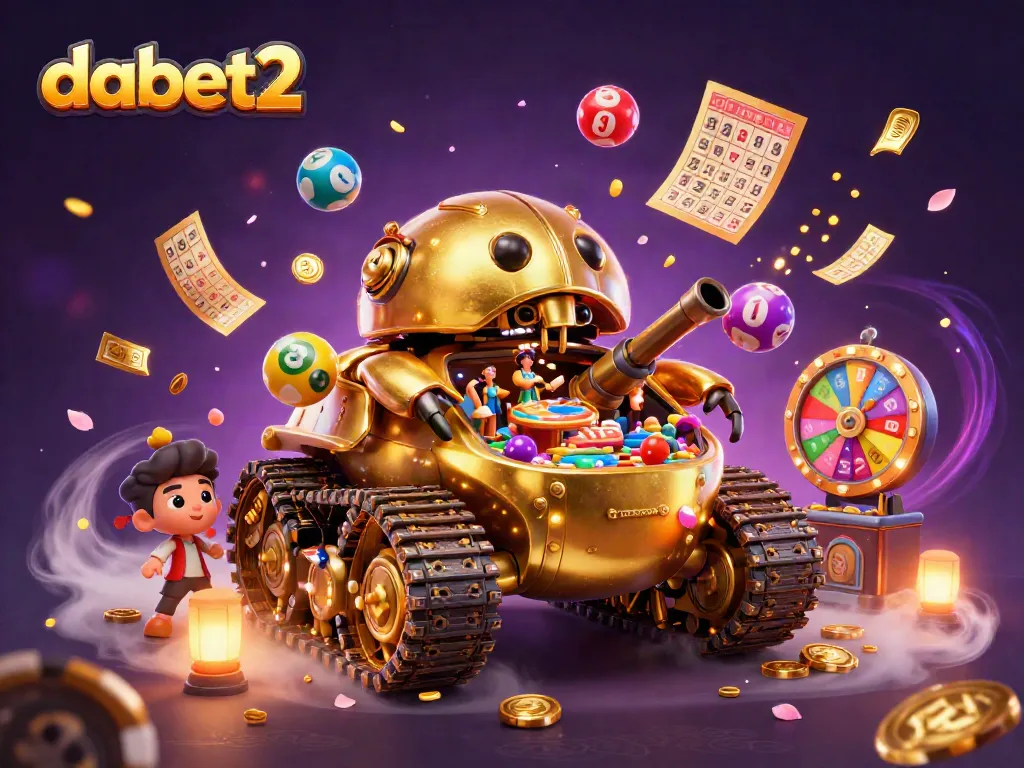 Win big at dabet2 with a vibrant, animated casino scene filled with lottery balls and prizes.