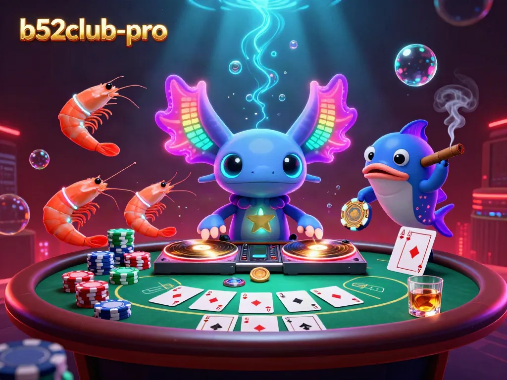 Experience the vibrant energy of b52club-pro as a neon axolotl DJ spins in an underwater casino scene.