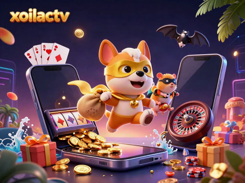 Experience action-packed gaming with xoilactv featuring a superhero dog flying with gold coins amidst exciting casino elements.