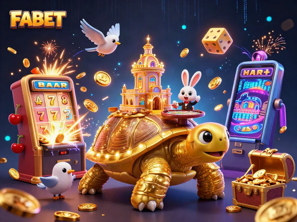 Win big with FABET in this vibrant casino illustration featuring slot machines and a golden tortoise.