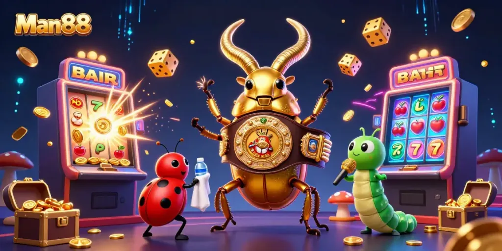 Experience the excitement of Man88 with dynamic casino elements and cartoon characters in a lively scene.