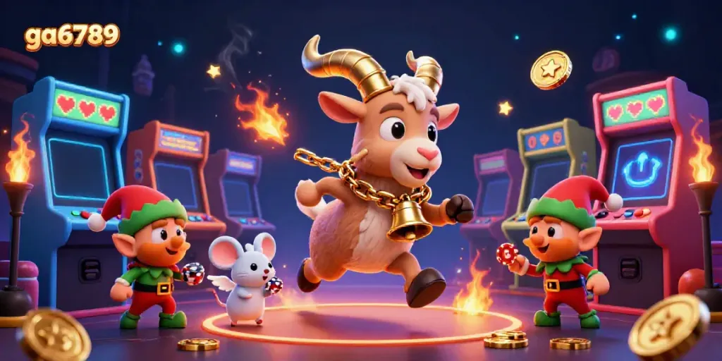 Engage with ga6789's festive casino scene featuring Krampus and mischievous elves in action.