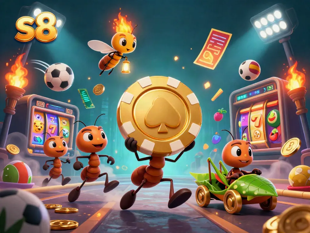 Experience the excitement at s8 with a thrilling heist scene featuring playful cartoon ants.