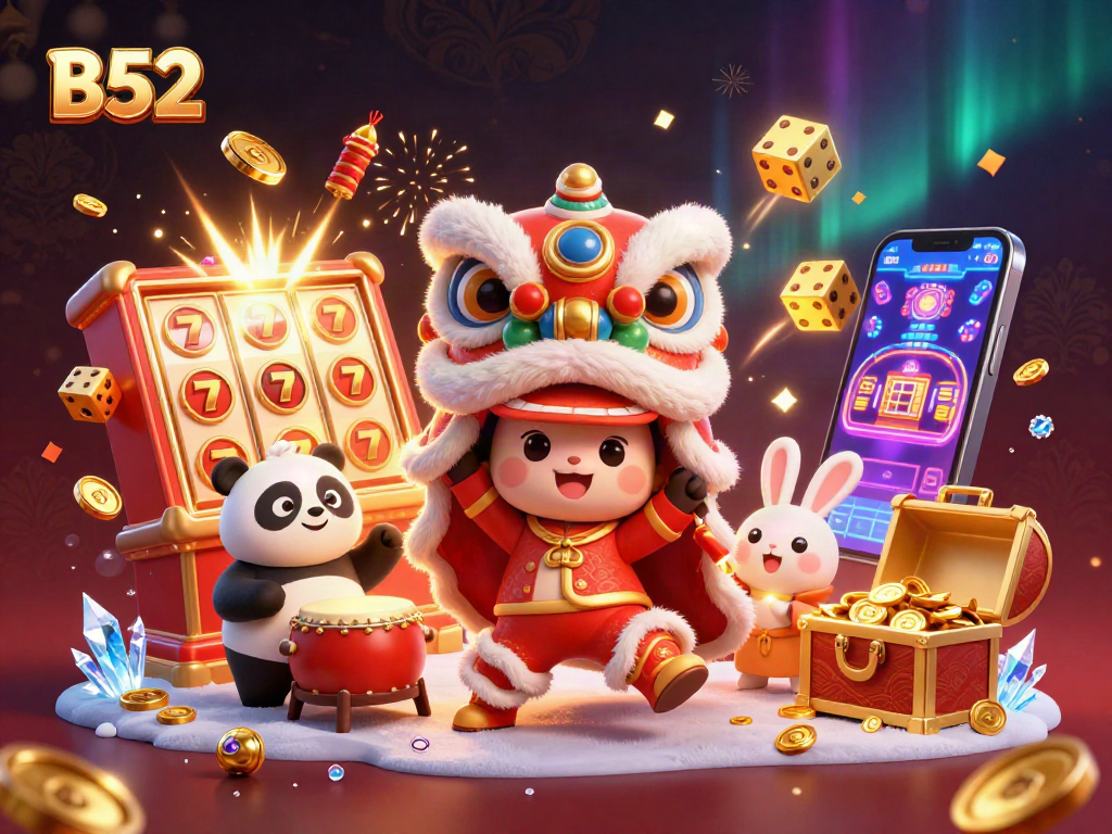 B52's vibrant casino scene with lion dance, drumming panda, and jackpot slots