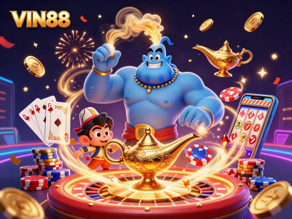 Experience thrilling gaming at VIN88 with lavish casino elements and dynamic characters.