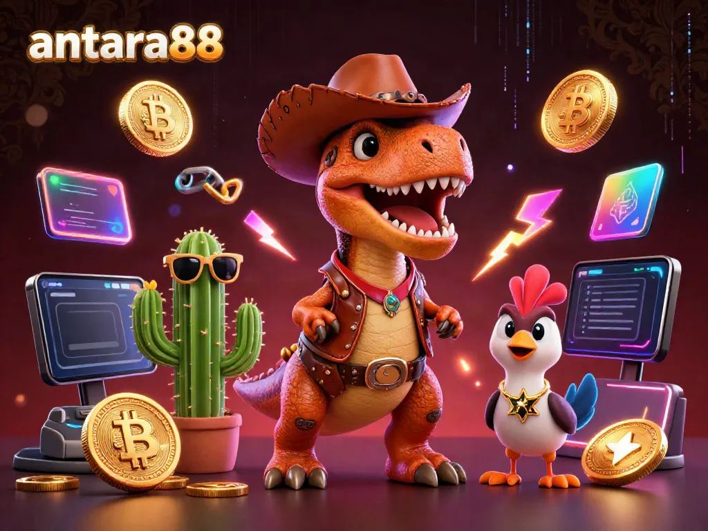 Experience winning at antara88 with a dynamic scene featuring a T-Rex, cactus, and roadrunner amidst crypto symbols.