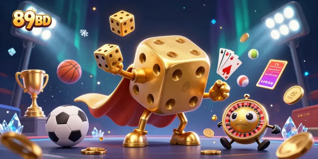 Engage with the vibrant scene of 89BD featuring a golden dice golem amidst dynamic sports elements and casino excitement.