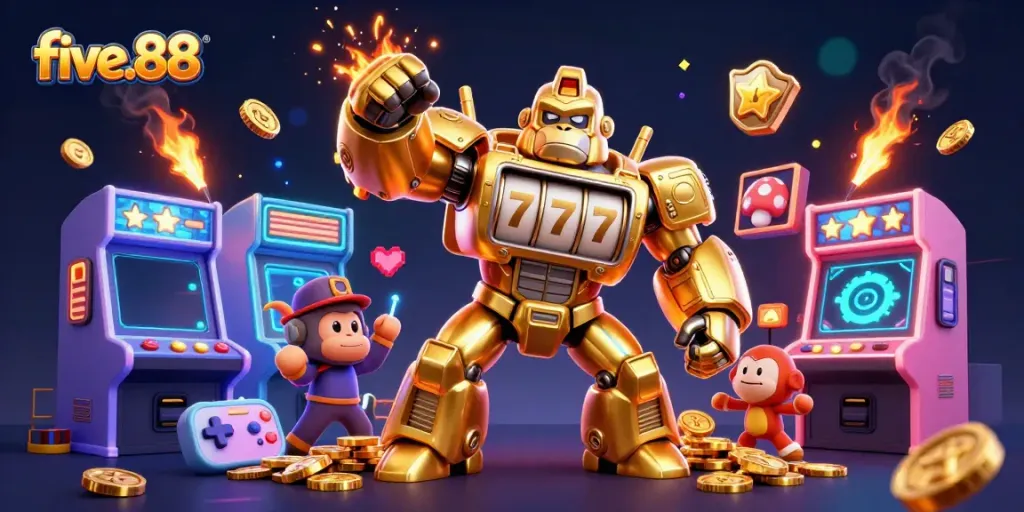 Experience the thrill of five.88's gaming universe featuring a golden gorilla mech in a vibrant casino setting.