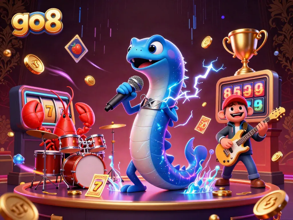 Engage in go8 casino fun with a vibrant underwater scene showcasing an electric eel DJ and colorful slot reels.