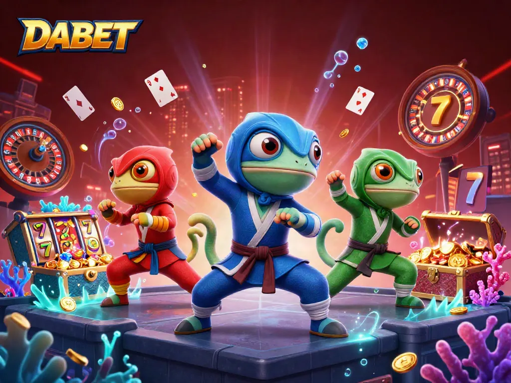 DABET revolutionizes gaming with dynamic slots and ninja chameleons performing martial arts in a vibrant casino backdrop.