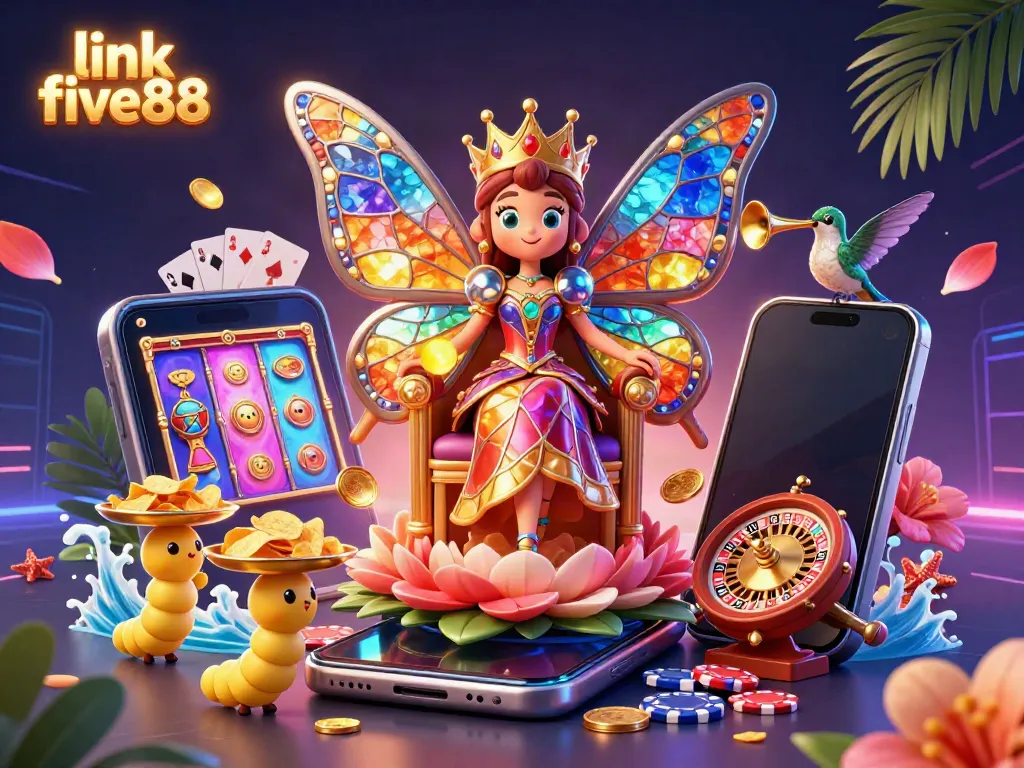 Experience the excitement of link five88 with a vibrant scene featuring a butterfly queen and gaming elements.