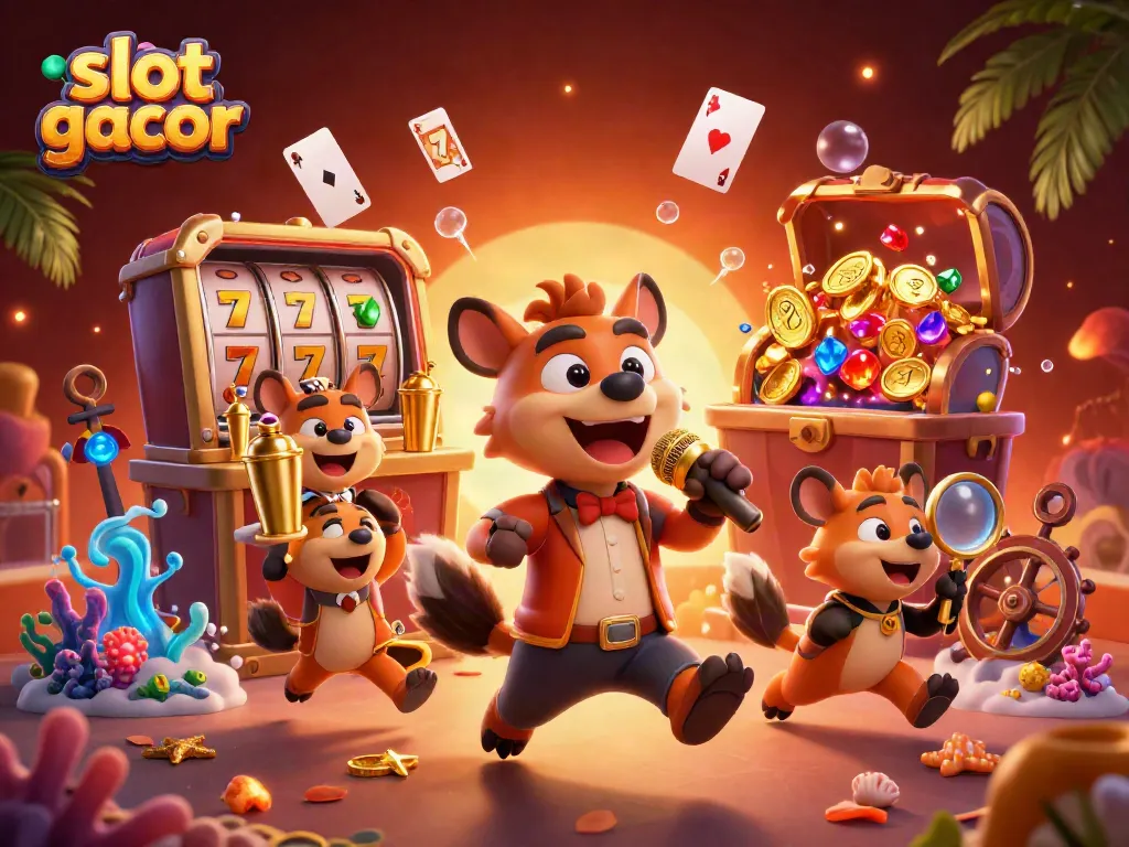 Experience slot gacor thrills with a vibrant casino scene featuring hyenas and dynamic action.