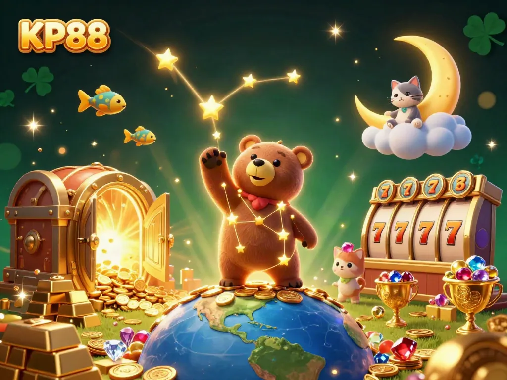 Experience the vibrant universe of KP88, where a constellation bear collects coins amidst captivating casino elements.