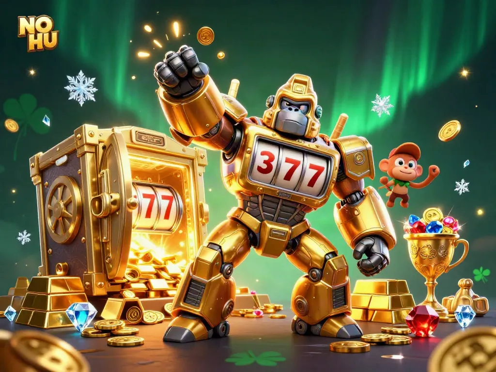 Experience winning with NO HU in a vibrant scene featuring a golden gorilla mech and treasure galore.