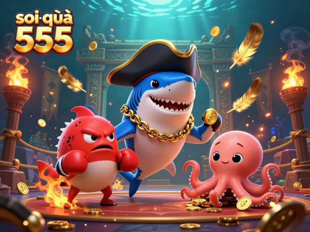 Engaging scene of soi cầu 555 featuring a cartoon pirate shark, pufferfish, and octopus amidst golden coins and dynamic effects.