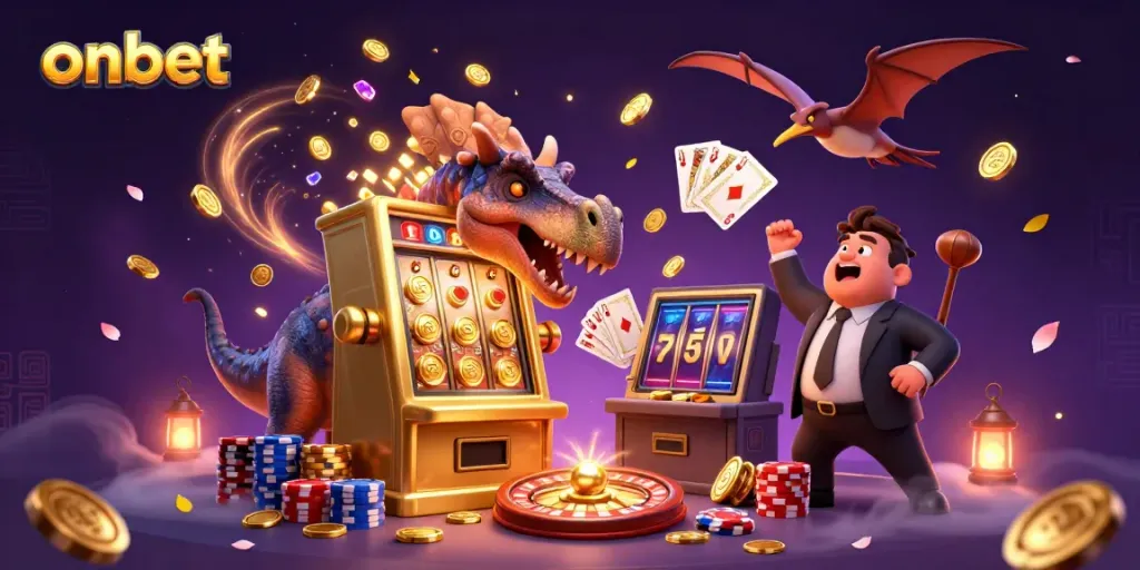 Engage in thrilling gambling action with onbet's unique animated casino scene featuring vibrant characters and rich golden rewards.
