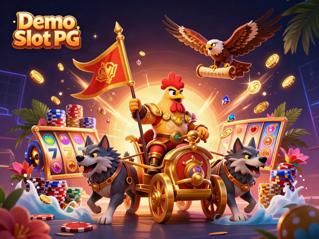 Experience Demo Slot PG with a thrilling 3D scene featuring a rooster warlord and dynamic game elements.