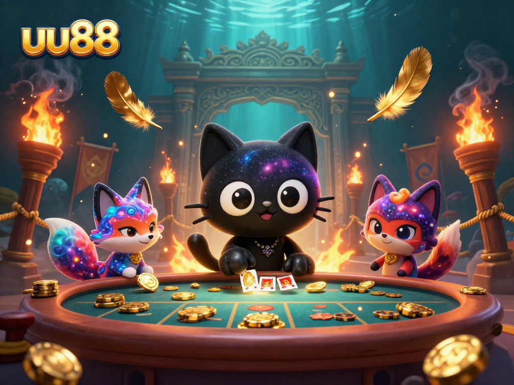Spin golden chips and cards with uu88 in a vibrant cosmic casino scene featuring unique characters.