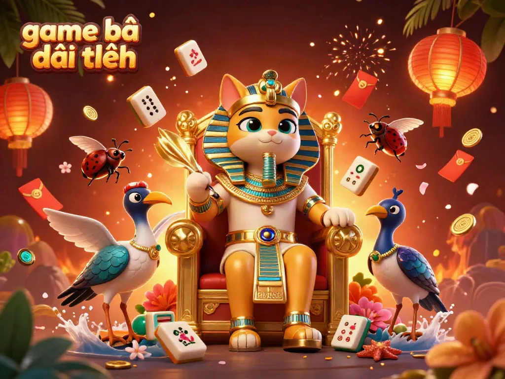 Experience thrilling game bài đổi thưởng with vibrant characters and floating casino elements in 3D digital illustration.