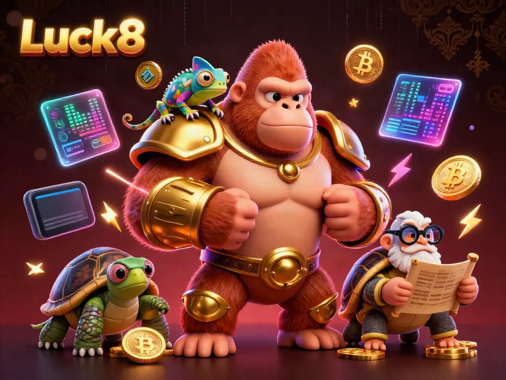 Play Lucky8 with the powerful gorilla king and chameleon partner in a vibrant casino scene.