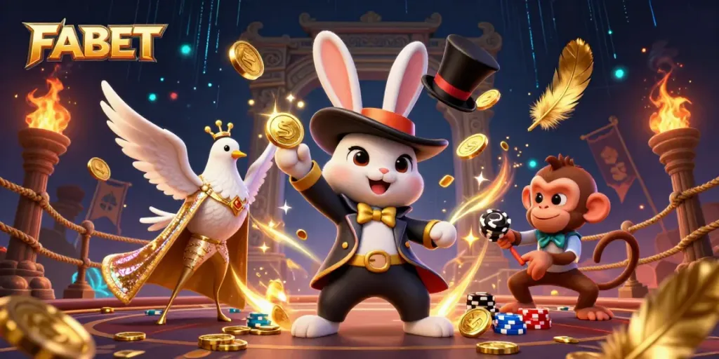 Play and win with FABET in an enchanting casino scene featuring a magician rabbit and poker chips.